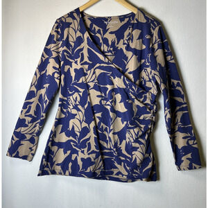 Soft Surroundings Women's XL Navy Coral Printed Faux Wrap Blouse Long Sleeve